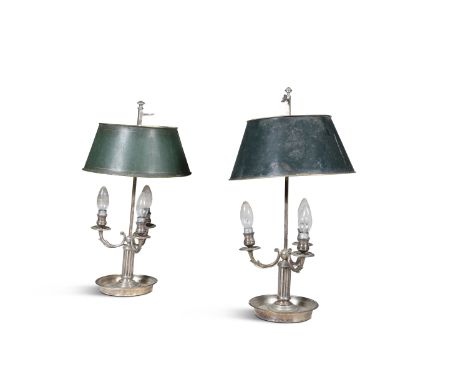 A PAIR OF FRENCH SILVERED BOULETTE TABLE LAMPS, each fitted with adjustable green shades, with three upturned light branches,