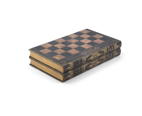 AN IRISH NOVELTY CHESS BOARD, by Austin of Dublin, formed as twin book bindings titled 'Hours of Idleness' , 38 x 22cm (close