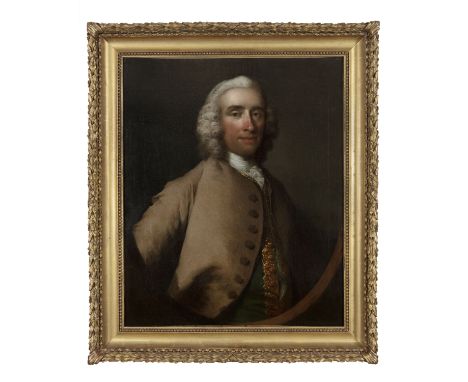 THOMAS FRYE (c.1750)Portrait of a gentleman with powdered hair and cream overcoat, half length Contained within a feigned ova
