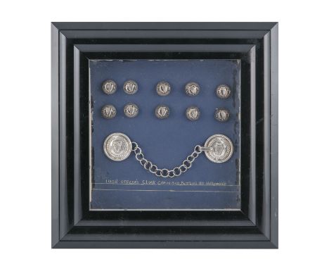 A SET OF IRISH ARMY OFFICERS SILVER BUTTONS AND CLOAK CHAIN WITH FASTENER, Dublin 1923, presented in a frame, inscribed and s