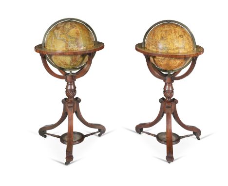 A FINE PAIR OF WILLIAM IV CELESTIAL AND TERRESTRIAL GLOBES, by Newton, Son and Berry, Chancery Lane, published 1838, on mahog