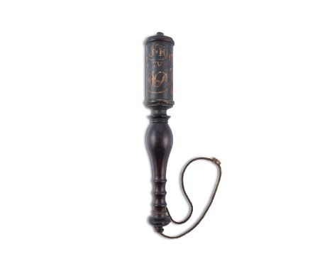 A GEORGE III PAINTED LIGNUM VITETE TIPSTAFF WITH PAINTED CYPHER, 31cm long