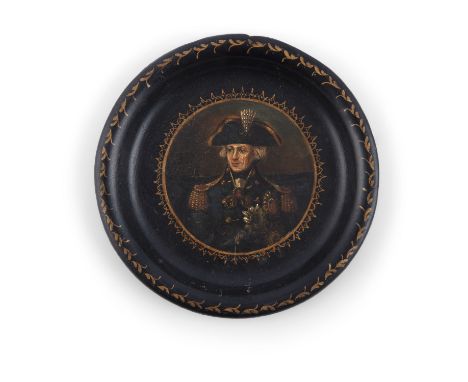 A VICTORIAN PAPIER MACHE DISH, of circular form, the central reserve painted with portrait of Admiral Nelson within a gilt bo