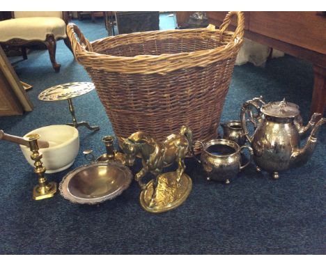 Selection of various items to include fire curb, pestle and mortar, silver plate coffee pot, jug and bowl, brassware includin