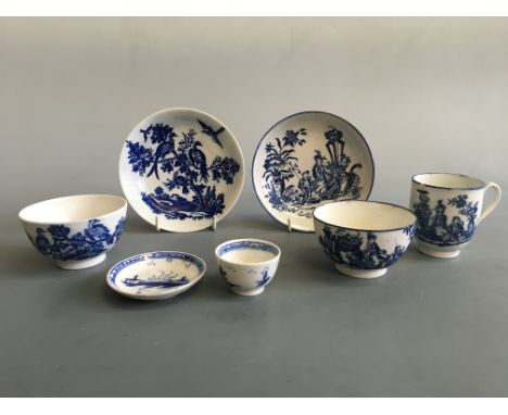 Various 18th century Caughley blue white ware to include a ‘Mother and Child’ pattern bowl, saucer and marked teacup, with ‘I