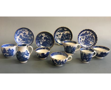 Late 18th century and 19th century Caughley items to include ‘temple’ pattern cream jug, two cups, bowl and two saucers, ‘fen