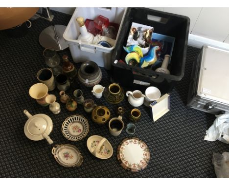 Two boxes containing various items including glass cockerel, vases, jugs, commemorative items, Bells Scotch Whisky bottle, We