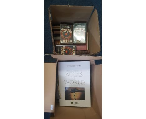 Two boxes of books, including set of three Tolkien ‘The Lord of the Rings’, Dickens ‘Bleak House’ and ‘David Copperfield’, Th