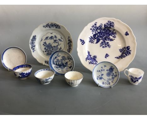 Nine pieces of 18th/19th century English blue and white porcelain, some marked, including Caughley ‘Pine Cone’ pattern plate 