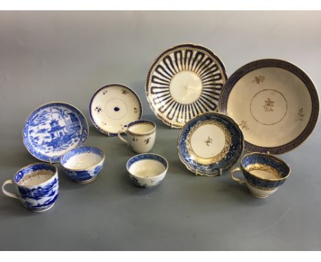 Ten pieces of English blue and white porcelain in various patterns including Chinoiserie landscapes, some gilt, some Caughley