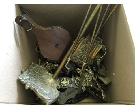 Two boxes of assorted mixed brassware, brass companion set and small cast iron stick stand.&nbsp;IMPORTANT: Online viewing an