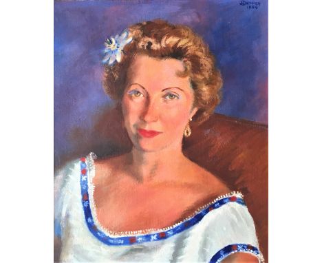 HENRI DUMIEN. Framed, signed and dated 1954, portrait of seated female with flower in hair, 54cm x 45cm. IMPORTANT: Online vi