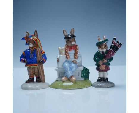 This charming 3-piece set of Royal Doulton Bunnykins figurines includes Parisian Bunnykins DB317, Piper Bunnykins DB191, and 