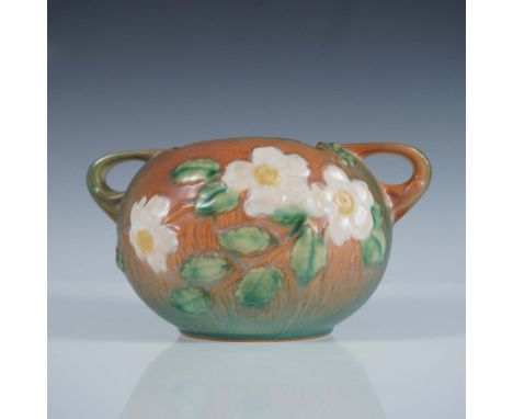 Roseville Pottery jardiniere from the White Rose pattern, shape number 387-4. The piece features a bulbous two-handled form w