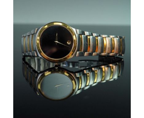 Movado Kardelo wristwatch featuring a stainless steel case and bracelet band accented with yellow gold-tone metal links. The 