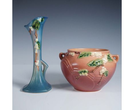 Pair of Roseville Pottery vases from the Snowberry pattern line. The collection includes a pink jardiniere vase marked shape 
