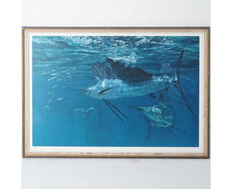 Vibrant serigraph by renowned marine artist Stanley Meltzoff (1917"2006), depicting a dynamic underwater scene of sailfish in