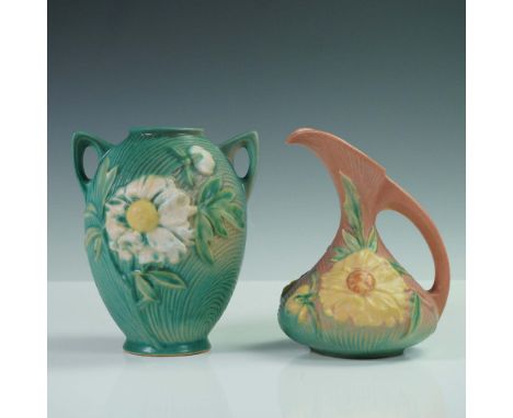 Two-piece lot of vintage Roseville Pottery in the Peony pattern, featuring raised floral designs in a green and rose matte gl