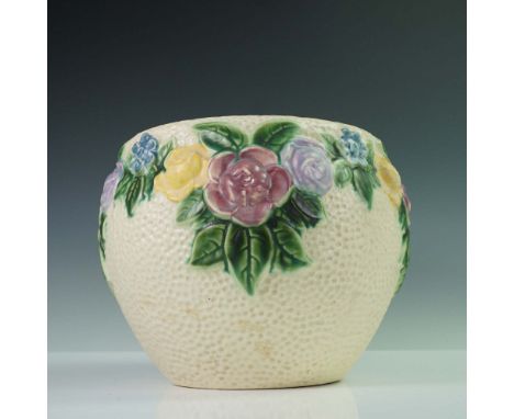 A vibrant and richly detailed jardiniere by Roseville Rozane, featuring a softly textured cream ground encircled by a vivid g