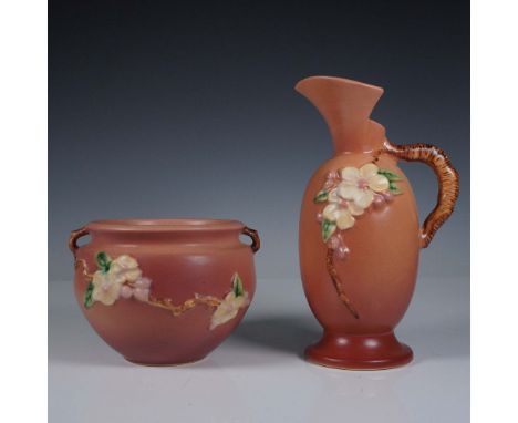 Two vessels designed in the Apple Blossom pattern featuring irregular leafy apple branches with clusters of white blossoms on