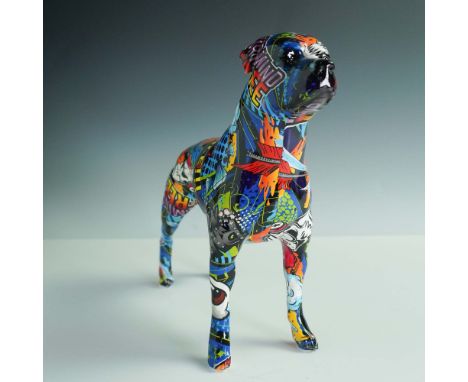 Bold and vibrant pop art-style dog sculpture depicting a proud, alert Rottweiler. Crafted from a resin or composite base, the