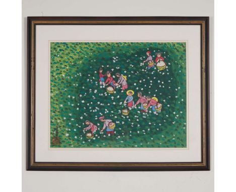 Colorful gouache painting on paper attributed to Chinese artist Liu Feng Tao. The artwork depicts a lively and stylized scene