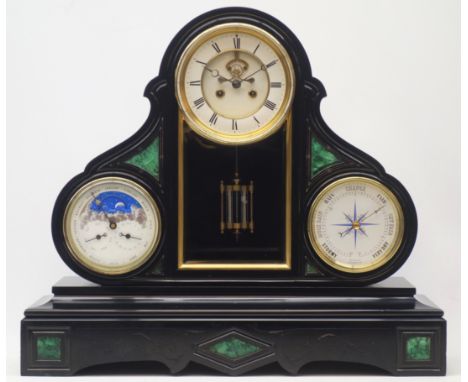 Late 19th century black slate perpetual three dial calendar clock, white enamel Roman dial with visible brocot escapement, tw