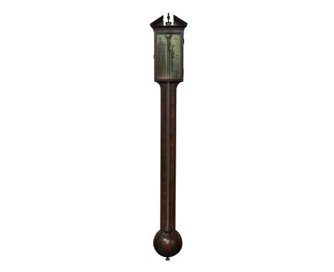 George III mahogany mercury stick barometer, broken arch pediment above glazed door with engraved silvered plate signed 'J. W