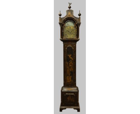 Small 19th century black lacquered and Chinoiserie decorated longcase clock, pagoda hood, arched brass dial with painted ship