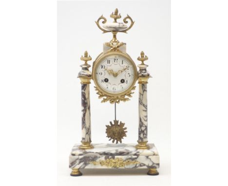 Late 19th century French gilt metal mounted grey varigated marble Portico clock, circular Arabic dial painted with floral swa