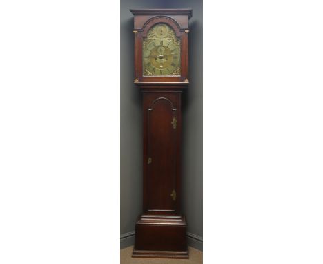 18th century oak longcase clock, stepped arch trunk door, brass dial with strike/silent, subsidiary second dial and date aper