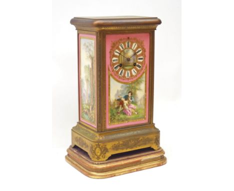 Early 20th century gilt metal mantel clock, porcelain face and side panels painted with lovers in garden landscape, engraved 