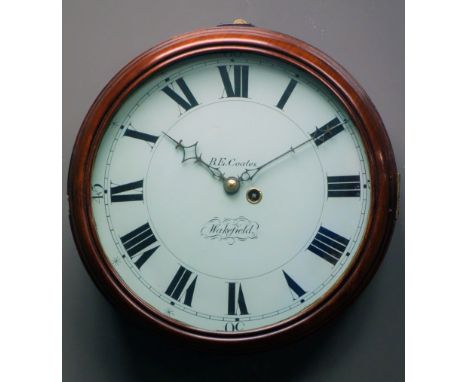 19th century mahogany circular wall clock, enamel dial with Roman chapter ring, signed 'B.E. Coates, Wakefield', single narro