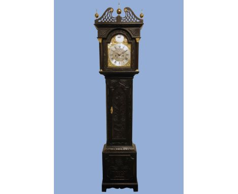 19th century and later oak longcase clock, pierced pediment with finials, stepped arch hood door, trunk carved with floral an