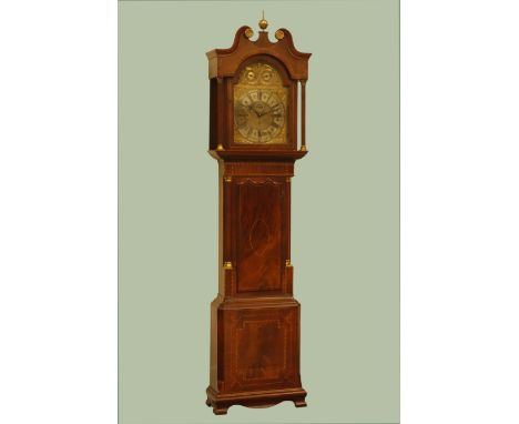 Early 19th century mahogany longcase clock, hood with swan neck pediment and checkered inlays, stepped arch glazed door enclo