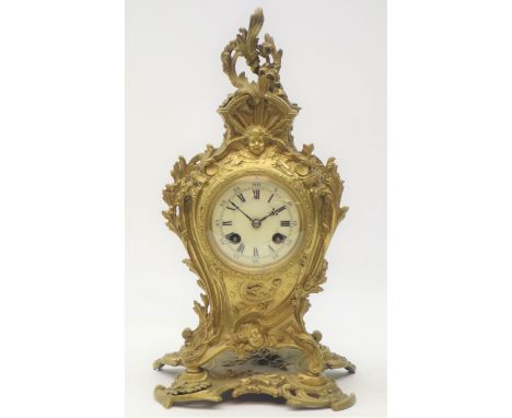 Early 20th century French gilt metal cartouche mantel clock, circular Roman dial, twin train 'Japy Freres' movement striking 