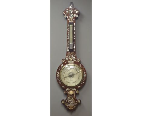 19th century inlaid rosewood wheel barometer, engraved silvered dial signed 'Maspoli' Hull', with thermometer, mother and pea