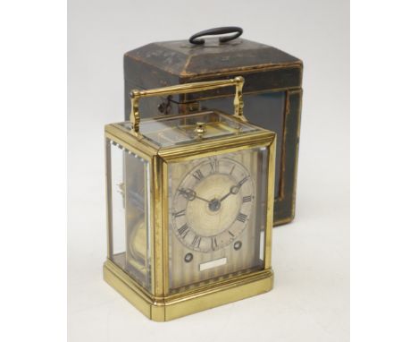 19th century brass carriage clock attributed to 'Paul Garnier of Paris', engine turned silvered Roman dial, twin train moveme