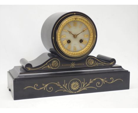 19th century black slate mantel clock, cylinder dome top, circular alabaster Roman dial signed 'Paris', engraved and gilt dec