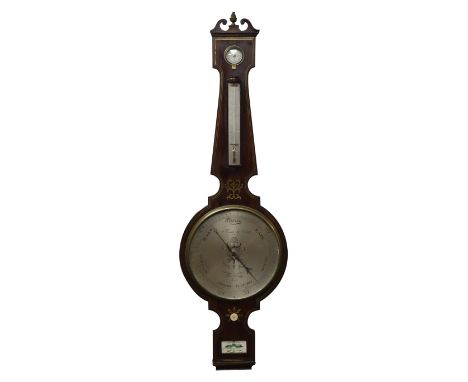 19th century rosewood mercury four dial barometer, swan neck pediment with cast gilt metal pineapple finial, hydrometer above