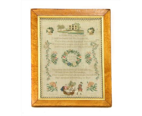 A verse sampler , by Jane W Evens, Decr 20 1842, titled 'A Sublime Thought' with a horse, wreaths, a man pulling a sledge and