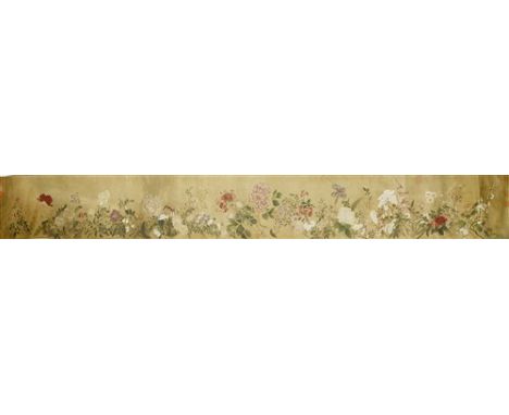 A Chinese hand scroll, decorated with sprigs of flowers including peony, hydrangea, wisteria, magnolia, lilac, and iris, ink 