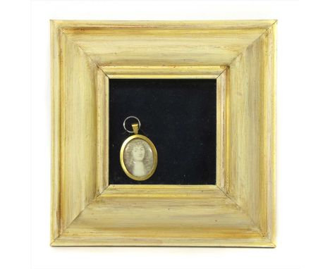 19th century school PORTRAIT OF A GENTLEMAN IN A LONG DARK WIG Miniature 2.8 x 2.1cm, within a box frame