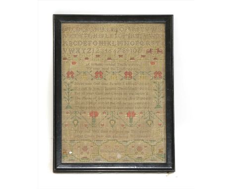 An alphabet and verse sampler , by Elizabeth Mann 1781, 'A virtuous minded youth, will ever mind the truth', 33cm x 24cm fram