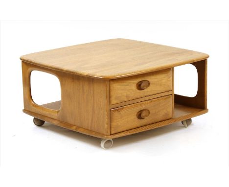 An Ercol elm 'Pandora' box coffee table, 80cm square, and an Ercol elm three tier trolley, 77cm high (2)