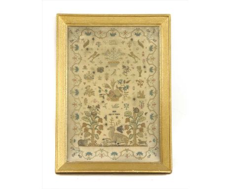 A sampler , dated 1828, age 11 years, with initials MQ below crowns, within a floral border with animals and birds, the lower