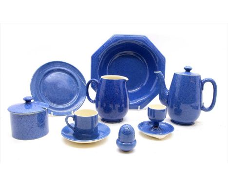 A collection of Moorcroft pottery , in the blue glaze, to include pepperette, plate, egg cup, teapot, etc (Qty.)