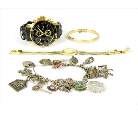 A 9ct gold flat section bangle, with bevelled edges, to slide clasp and safety chain, defective, London 1982, marked BRIT. PA