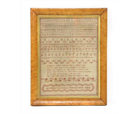 An alphabet and verse sampler , by Amelia Gamson, December 1850, with a printed card back dated 1846, 42.5cm x 31.5cm, in a m