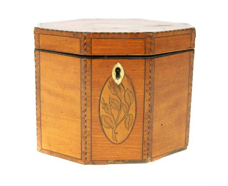 A George III satinwood tea caddy , the hinged top inlaid with shell decoration, and the body having foliate inlay, 12.5cm hig